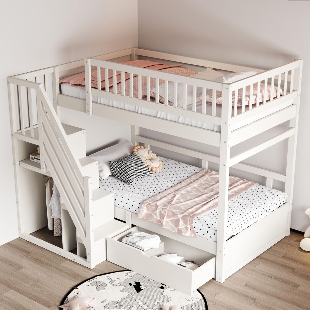 Merax Etagenbett 90x200 cm mit Treppe, Kinderbett für 2 Kinder mit Stauraum, Schubladen und Hohem Geländer, Jungenbett aus Massivholz, Weiß