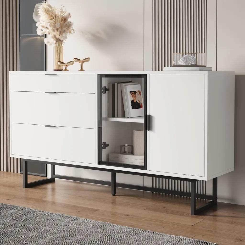 Buffet Merax blanc avec éclairage LED et 3 tiroirs design moderne - 4