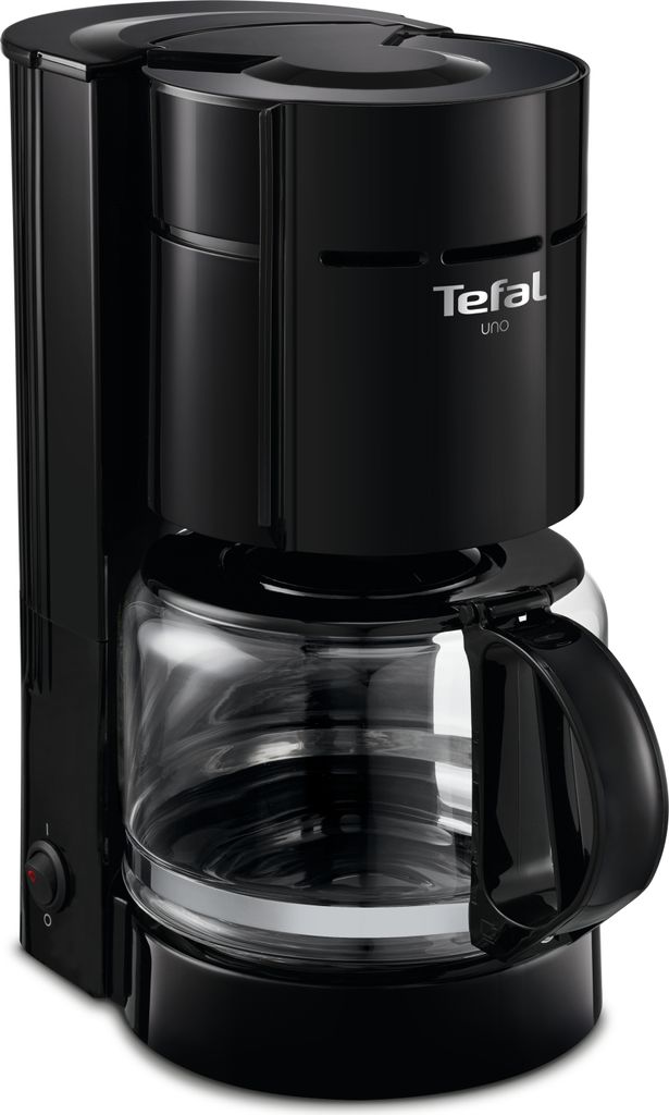 A black coffee maker with a glass carafe.