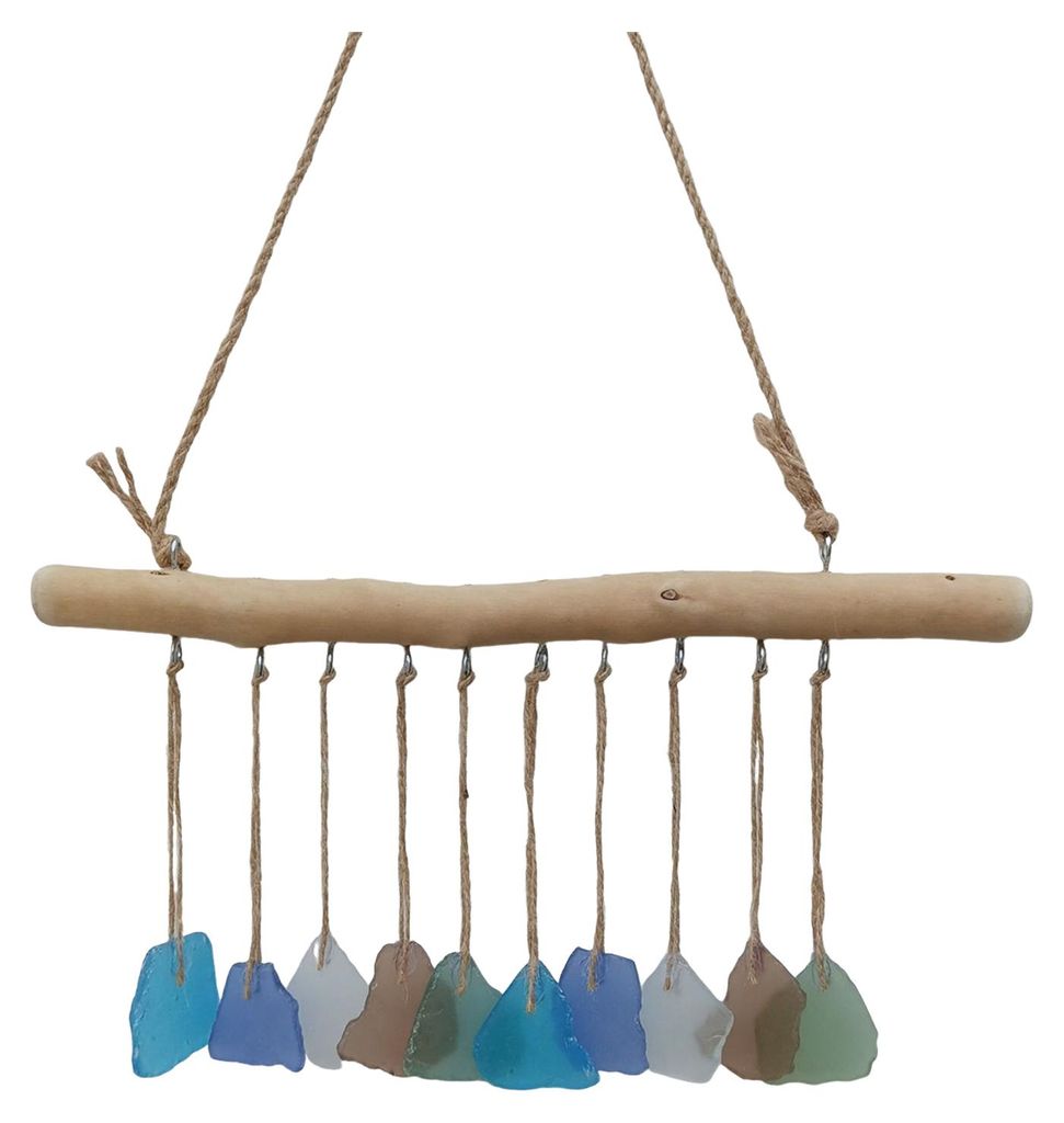 Handgefertigtes Windspiel aus Treibglas für den Außenbereich, im Küstenstil, mit Holzaufhänger, zur Wand- und Gartendekoration, Geschenkidee f...