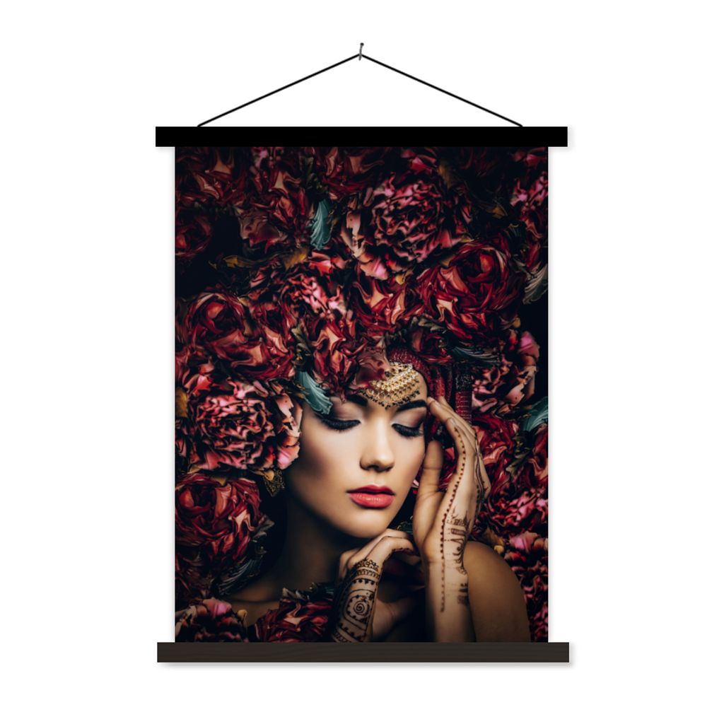MuchoWow Textilposter Frau - Blumen - Henna - Porträt 90x120 cm mit schwarzem Rahmen - Dekoration