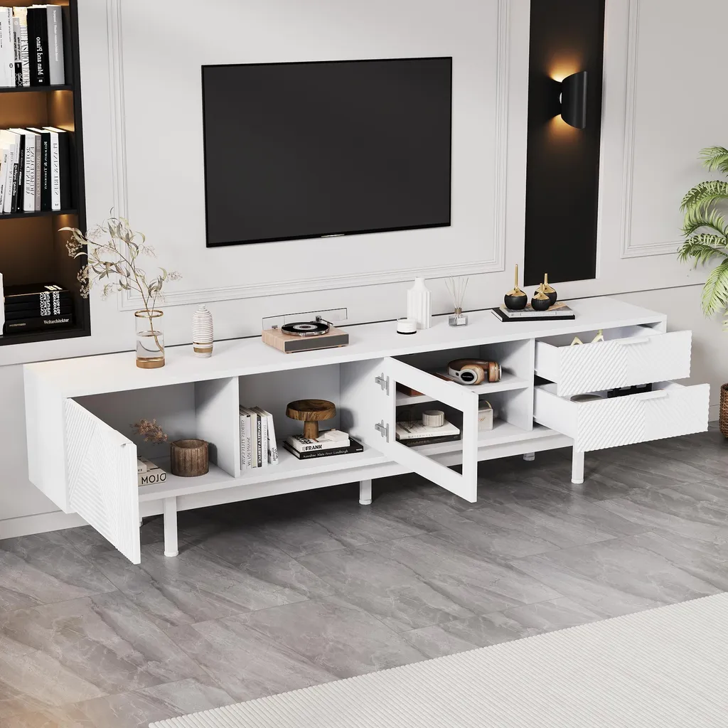 Meuble TV blanc anti-encombrement, solution rangement pour grand écran 80"