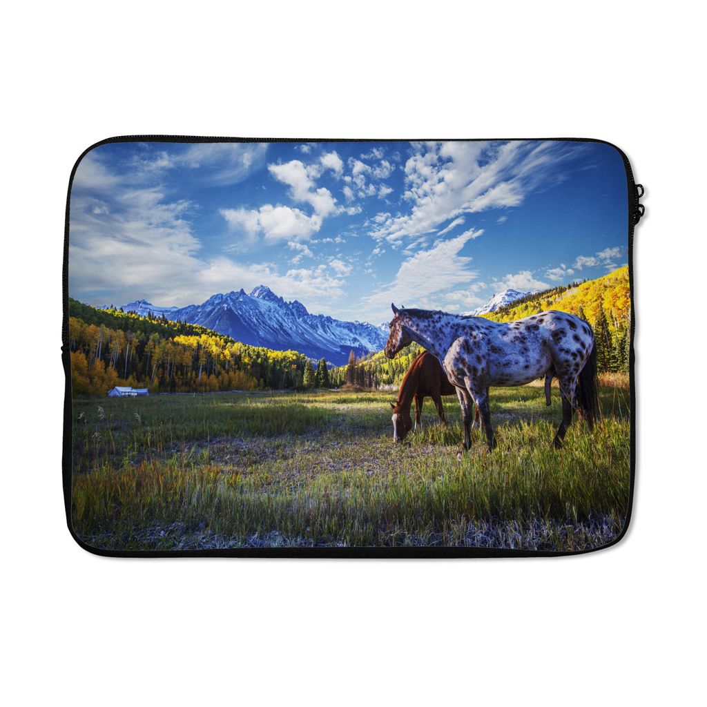 MuchoWow Laptop Hülle 13 Zoll Pferde - Berge - Bäume Laptoptasche - Laptophülle - Sleeve - Rundumschutz