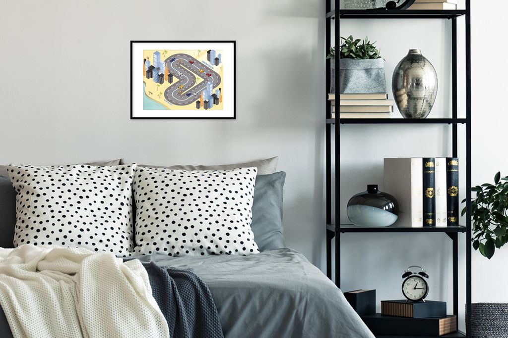 MuchoWow MuchoWow Gerahmtes Poster Eine fiktive Rennstrecke mit F1-Autos in einer Illustration 40x30 cm - Poster mit zchwarzem Bilderrahmen - B...