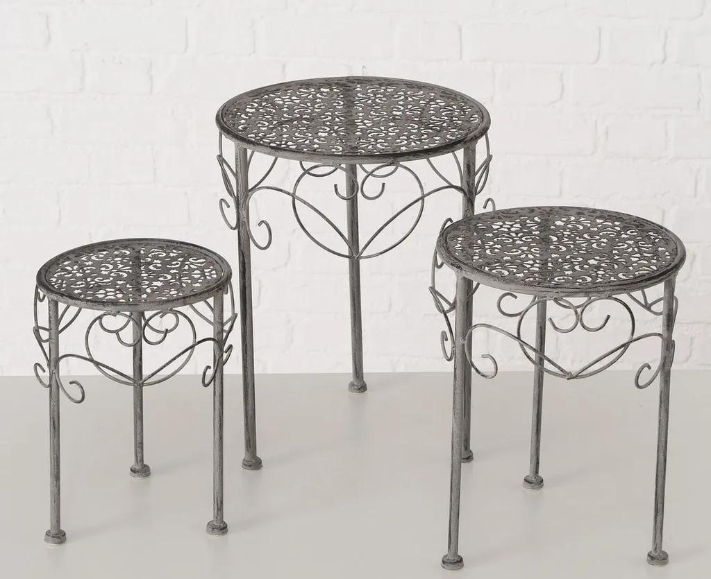 Table à plantes Orania 3 pièces ronde grise | Lot de sellettes de jardin
