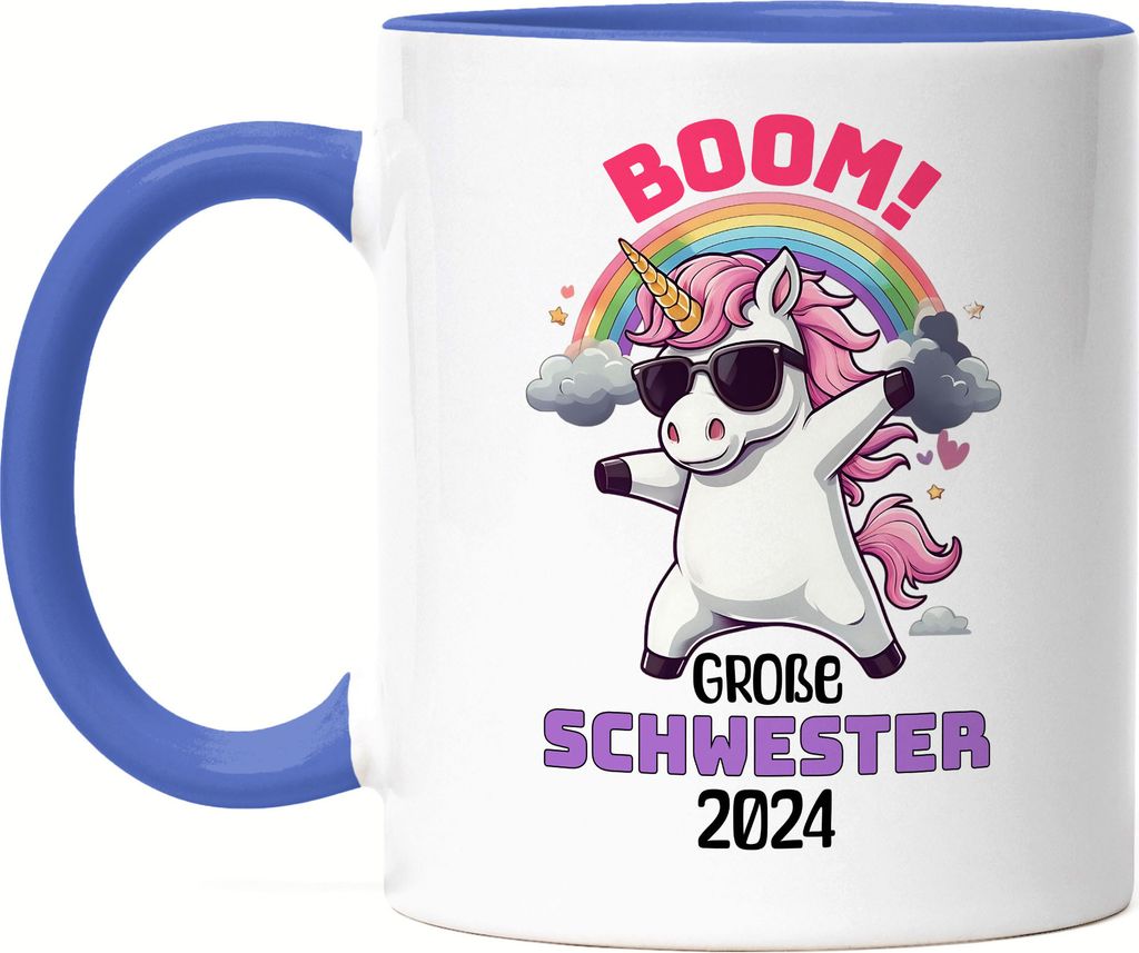 Boom Große Schwester 2024 Tasse Blau Geschenk Einhorn Geschwister Geburt Überraschung Party Freude