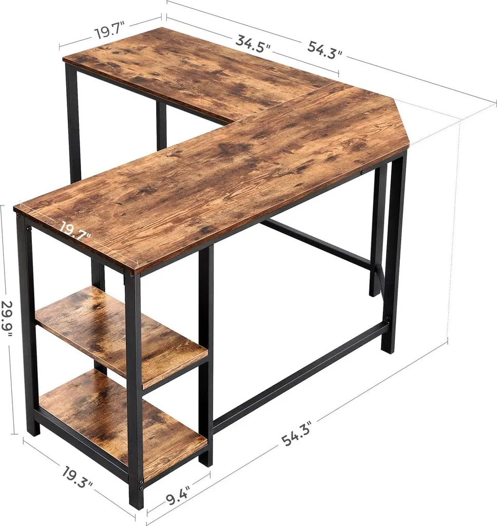 Bureau d'angle Fabrice 138cm marron rustique et noir avec 2 tablettes - 7