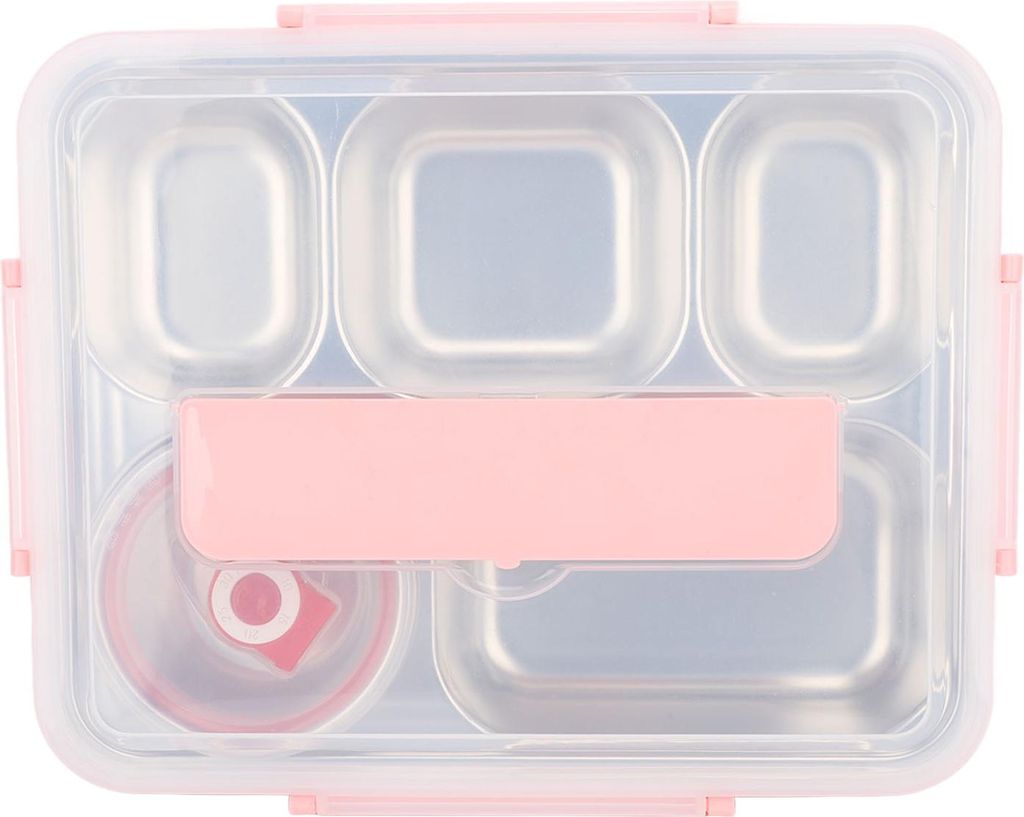 Lunchbox mit Deckel, 5 Fächern, wärmeisolierend, Edelstahl, inklusive Essstäbchen, Löffel und Suppenschüssel, rosa