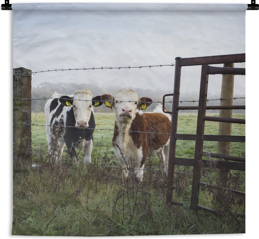 MuchoWow Wandteppich Wandbehang Kühe - Zaun - Friesland 90x90 cm Tapisserie Dekoration Wandtuch - Wandaufhänger