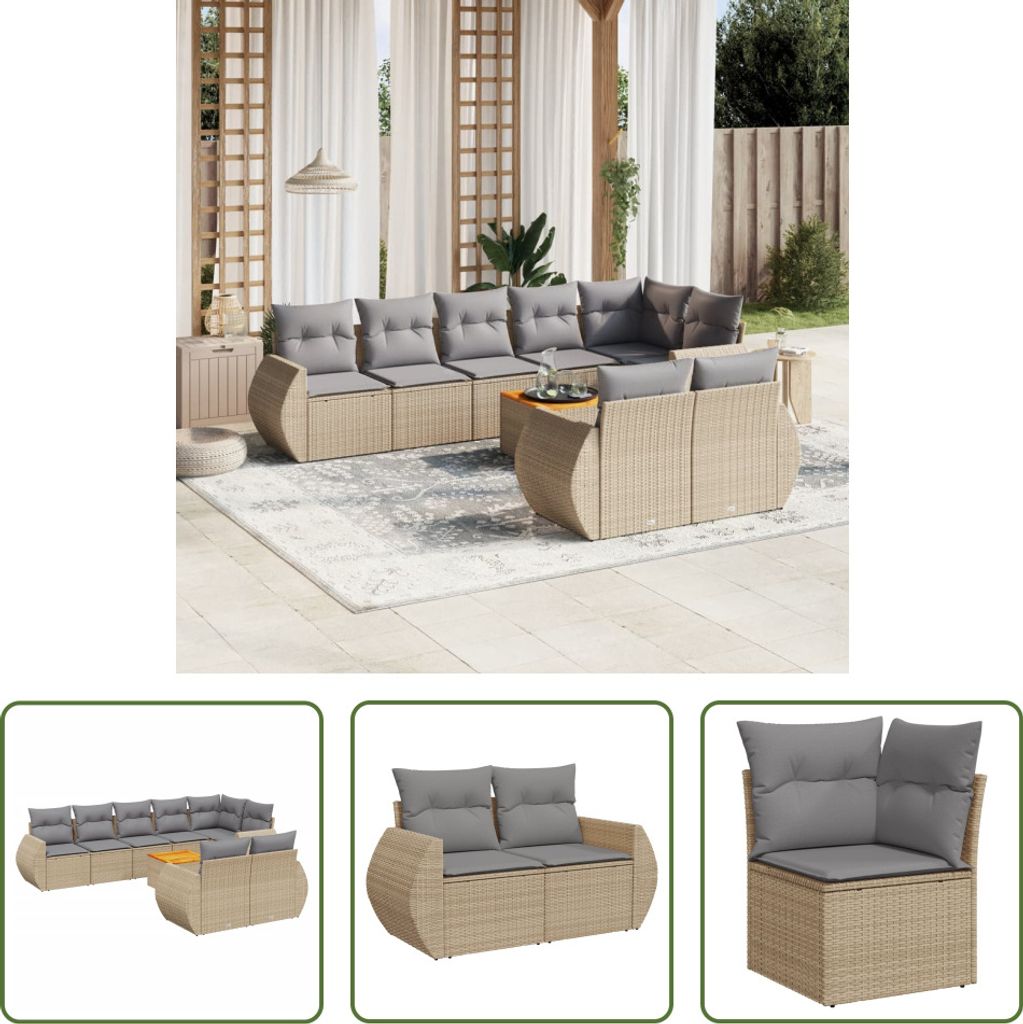 The Living Store 9-tlg. Garten-Sofagarnitur mit Kissen Beige Poly Rattan