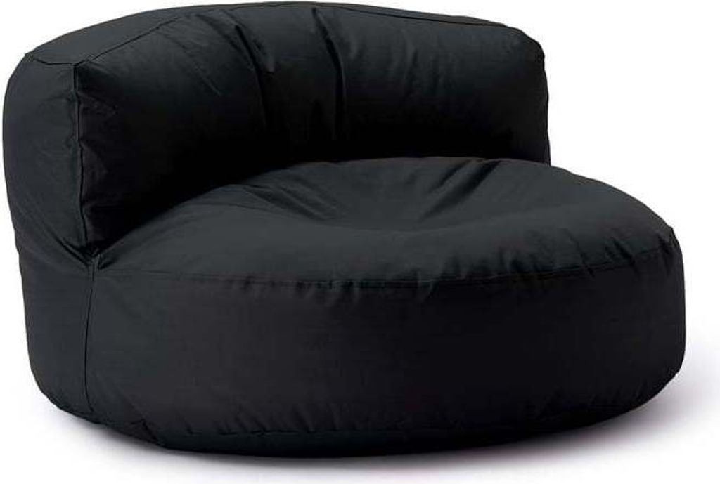 A black beanbag chair on a white background.