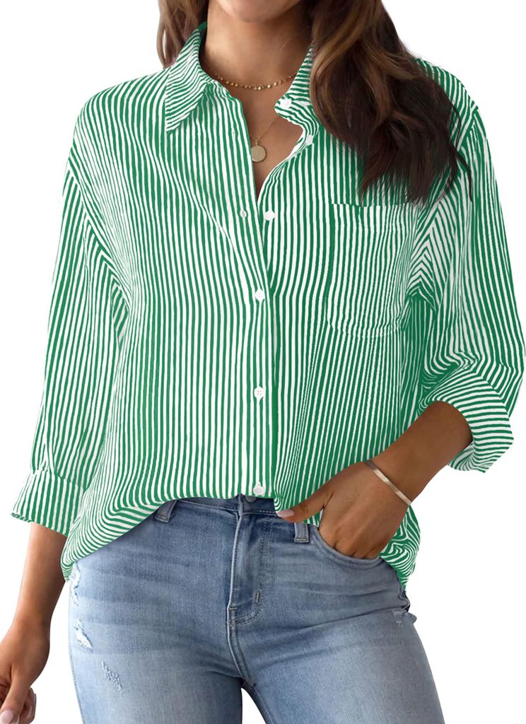 ASKSA Damen Bluse Streifenbluse Langarm Hemden Elegant Casual Hemden Arbeit Hemd Oberteile Tops mit Tasche (Gruen,S)