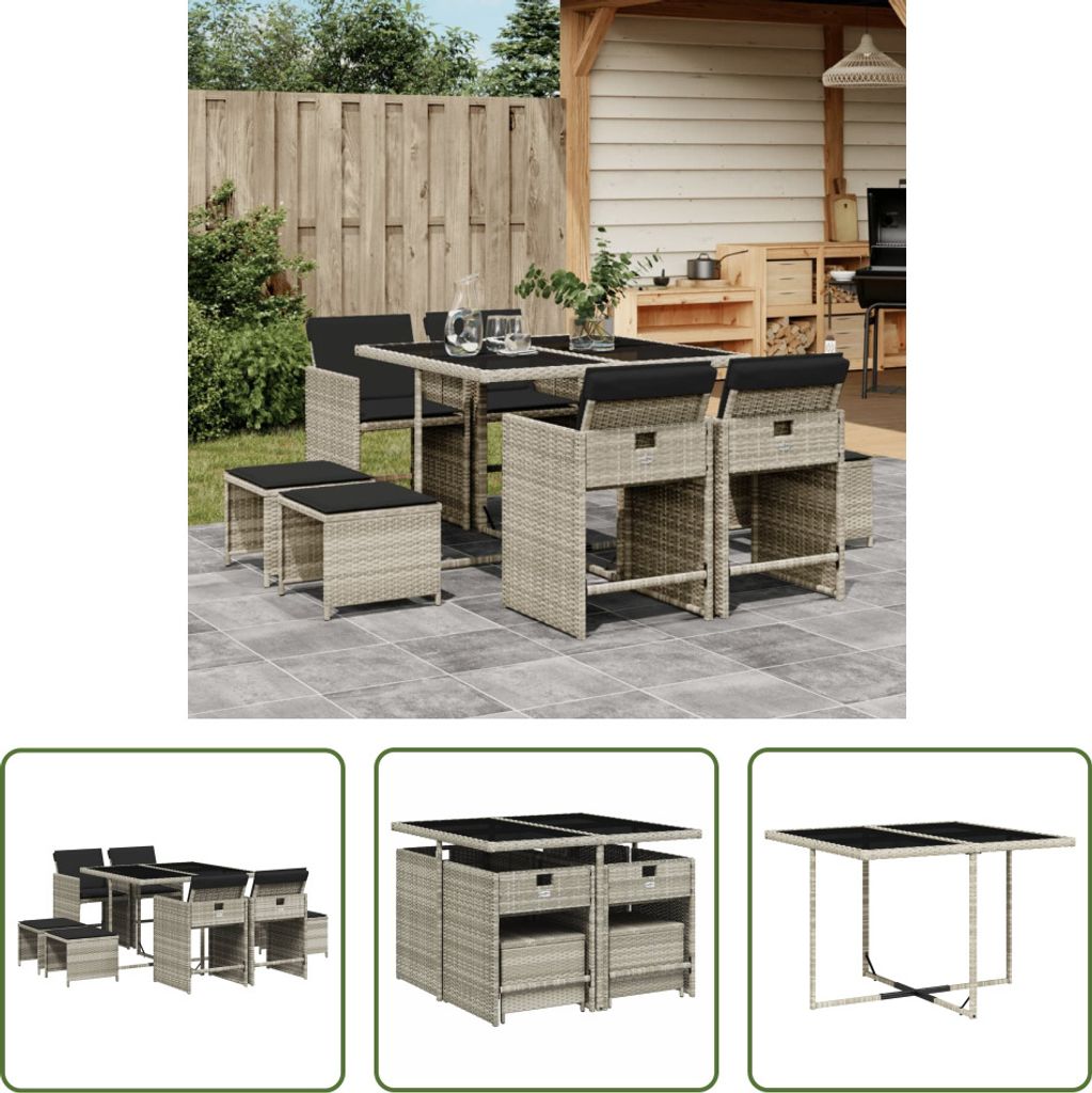 The Living Store 9-tlg. Garten-Essgruppe mit Kissen Hellgrau Poly Rattan