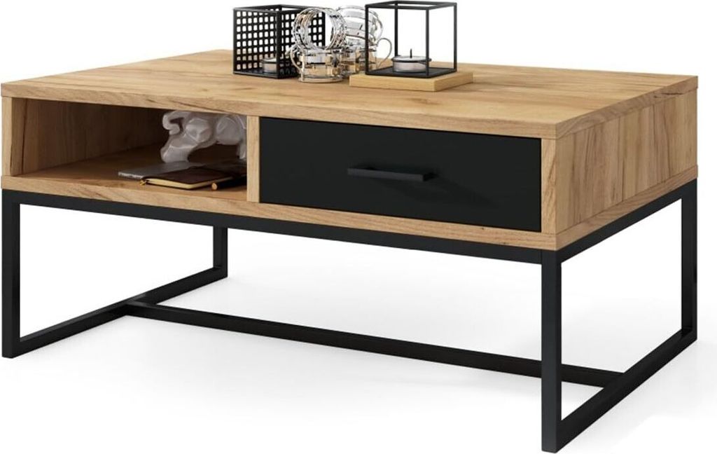 All4All Couchtisch Marco , Kaffeetisch , Wohnzimmertisch , Industriell , Sofatisch , mit Schublade , 90x60cm , Gold Eiche + Schwarz