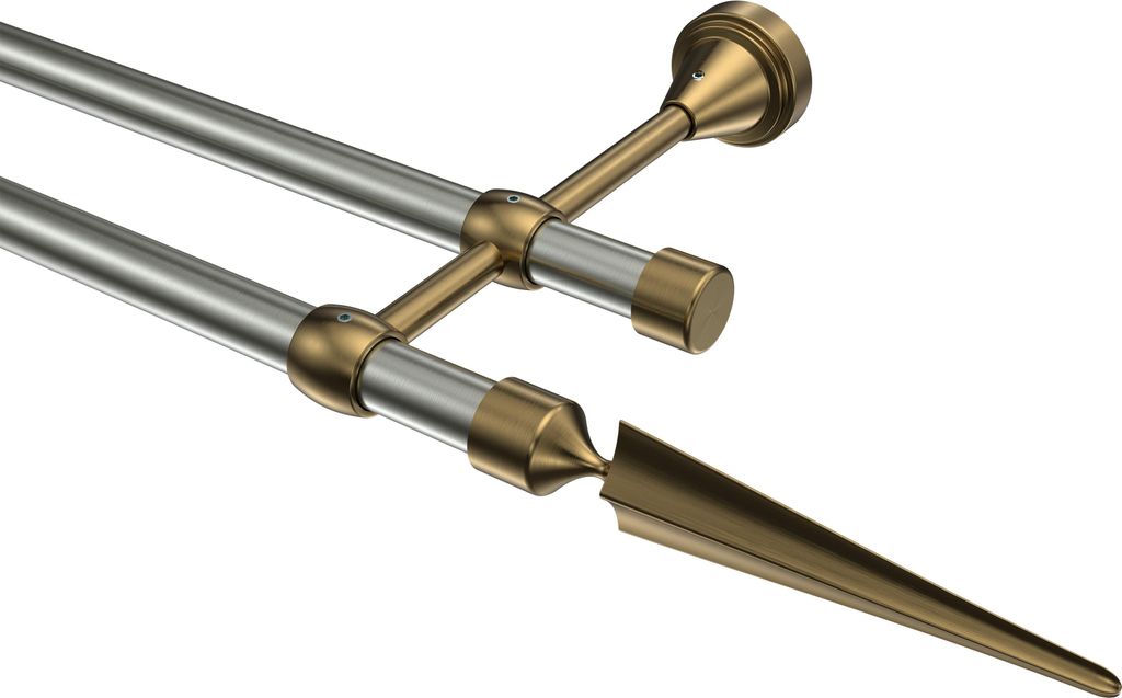 Interdeco Gardinenstange / Vorhangstange Edelstahl-Optik / Messing Antik, Typ Primus Lorenzo (Speer), 16 mm Ø 2-läufig, 160 cm