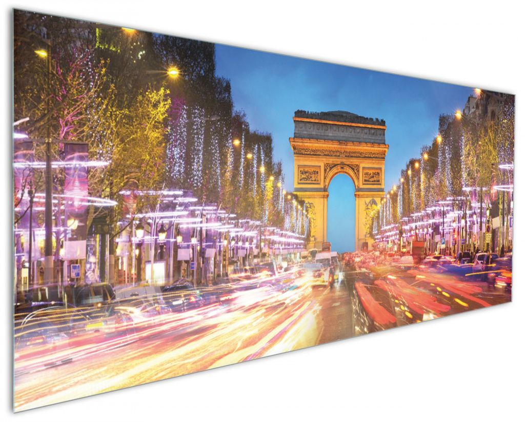 Wallario Küchenrückwand aus Glas, Größe: 125 x 50 cm, Motiv: Arc de triomphe in Paris bei Nacht | Spritzschutz | abwischbar | pflegeleicht | in
