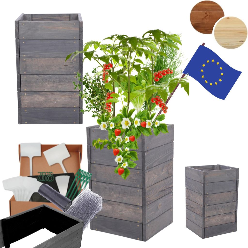 MODO24 Hochbeet Holz, Pflanzkasten, Massivholz, Kiefer, Kräuterbeet, Blumenkasten, Garten, Terrasse, 54x33x30 cm, Grau, ZP06