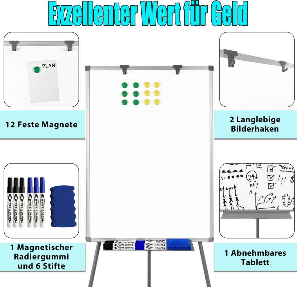 UISEBRT Whiteboard Flipchart s podstavcem, magnetická Obrázek produktu 4