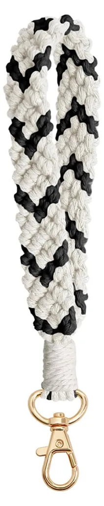 Dragonne porte-clés macramé noir et blanc, accessoire de sac femme