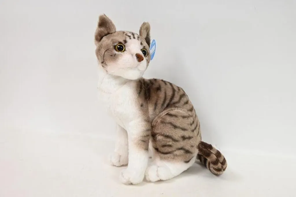 Statue chat assis blanc et gris 30cm - Objet déco maison 32447