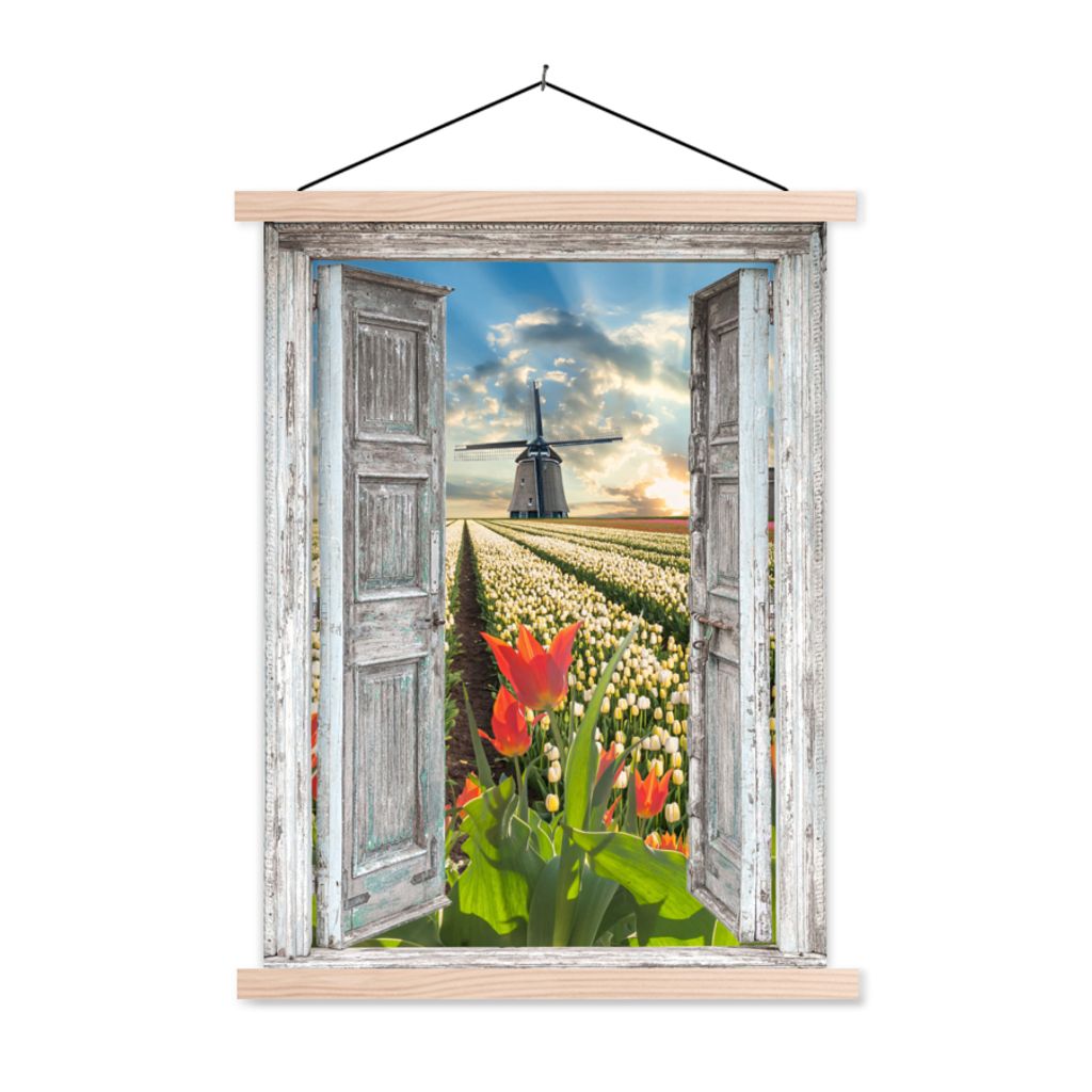 MuchoWow Textilposter Blumen - Mühle - Frühling - Ausblick 120x160 cm mit holzfarbenen Rahmen - Plakatkarton