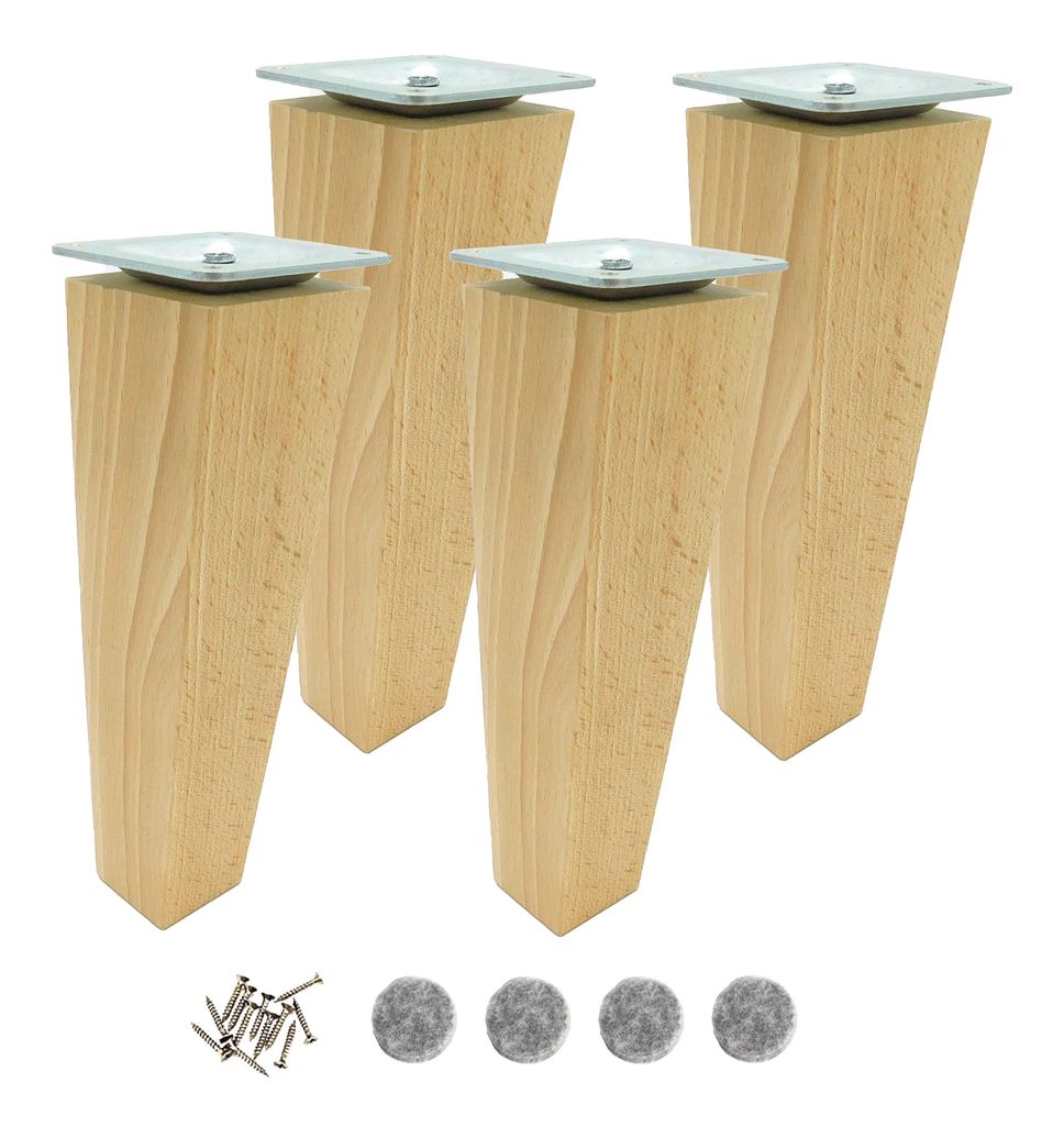 Möbelfuß Buche 18 cm Klarlack – 4x trapezförmig Holzfüße mit Montageset