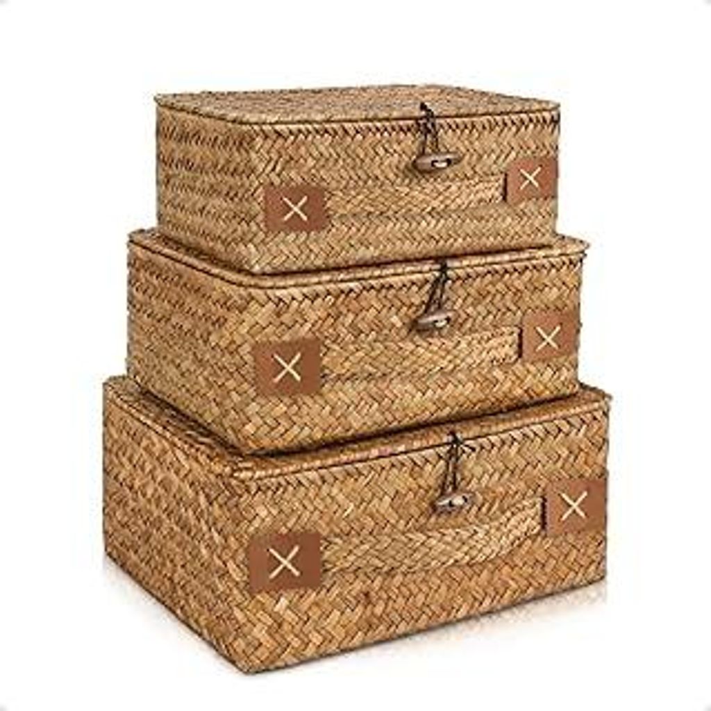 Rattan Aufbewahrung Korb mit Deckel,3 Pieces Natürliches Seegras Geflochtener Regalkörbe,Multifunktionaler Aufbewahrungsbox zum von Spielzeug Kos...