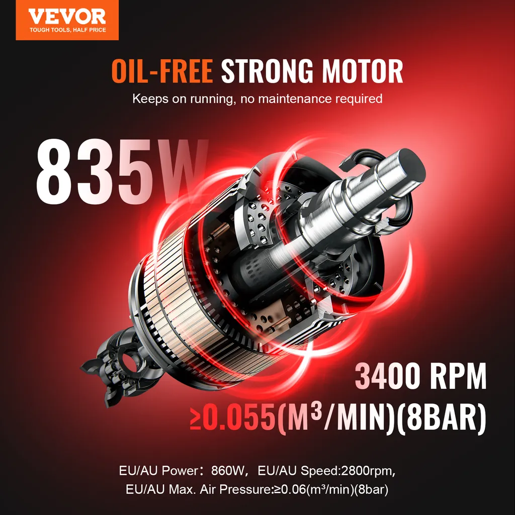 Compressore d'aria VEVOR, serbatoio d'acciaio da 2 galloni, 1 HP, 2,5 CFM, 8 bar, compressore d'aria senza olio e pressione massima di 120 PSI, 81 dB, compressore portatile ultra-silenzioso, per riparazioni auto, gonfiaggio pneumatici - 2