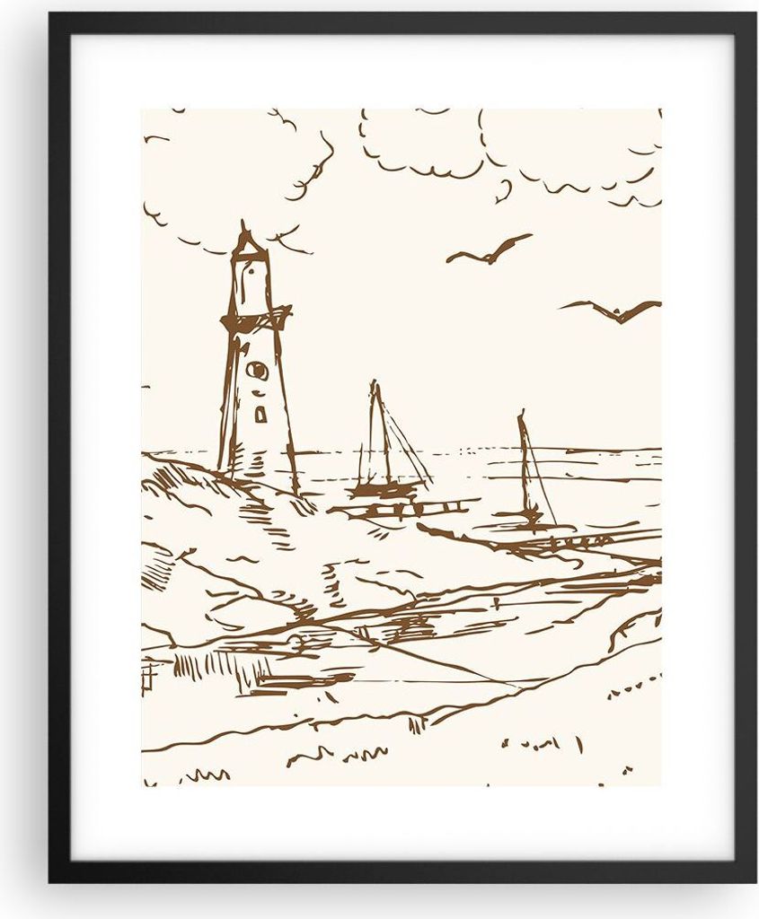 Gerahmtes Poster - Schwarzer Rahmen - Skizze Küste Laterne - 40x50 cm - Wand Bild - Wanddeko - Wandbilder - Kunstposter - Wandposter - Bilderrahme...