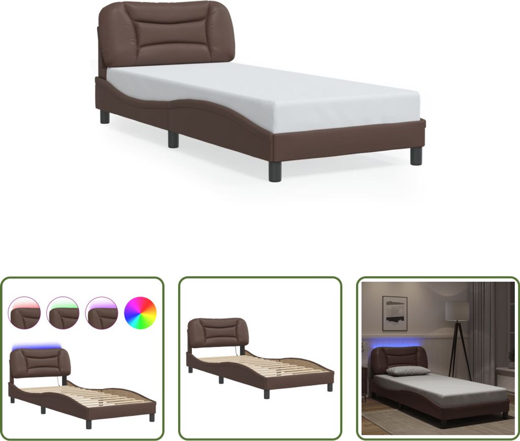The Living Store Bettgestell mit LED Braun 90x200 cm Kunstleder
