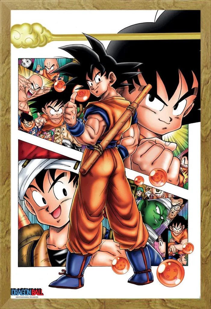 Dragon Ball - Poster - Storia di Son Goku + cornice rimovibile, Shinsuke® Maxi MDF oak, disco acrilico