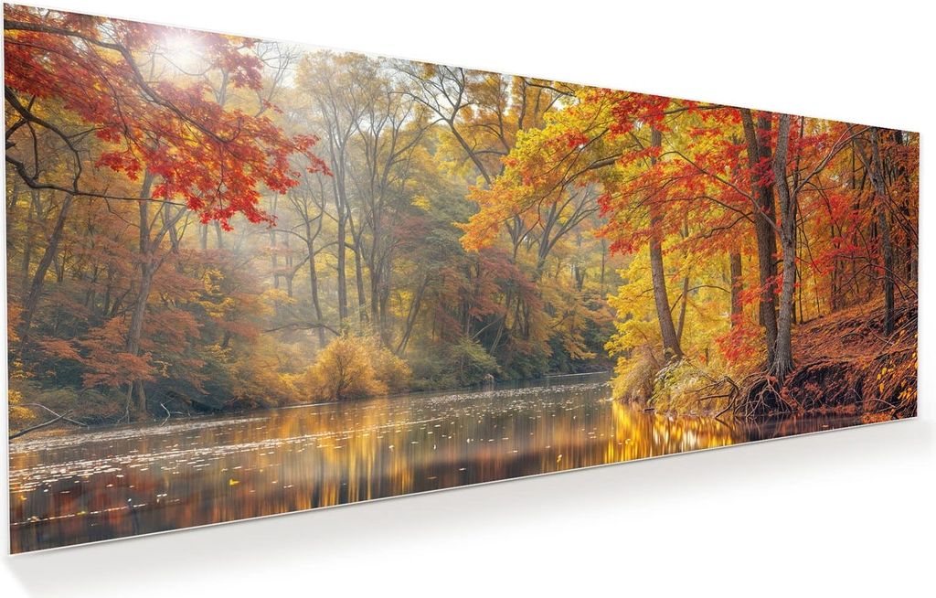 Glasbild 100x40cm in XXL für Wohnzimmer, Schlafzimmer Motiv Herbstwald See