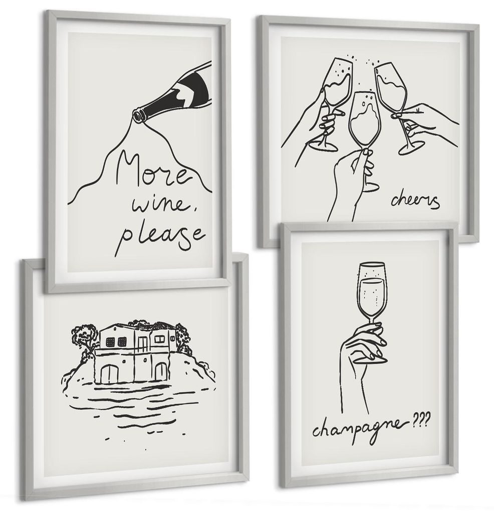 Bilder Set 4-teilig im silbergerahmten Rahmen – Wandbilder 4 Stück – gerahmte Poster für Wohnzimmer, Schlafzimmer und Flur – 50x50 cm - 40x...