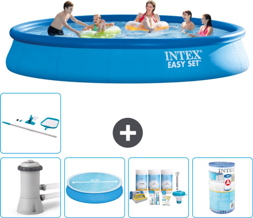 Intex runder aufblasbarer Easy Set-Schwimmpool – 457 x 84 cm – Blau – inklusive Pumpe Sonnensegel - Wartungspaket - Filter - Reinigungskit
