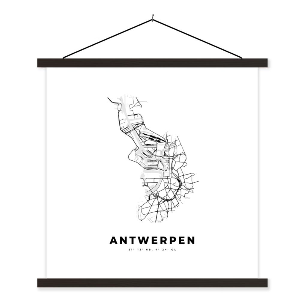 MuchoWow Textilposter Karte - Stadtplan - Antwerpen - Belgien - Schwarz und weiß 120x120 cm mit schwarzem Rahmen - Aufhängungsset