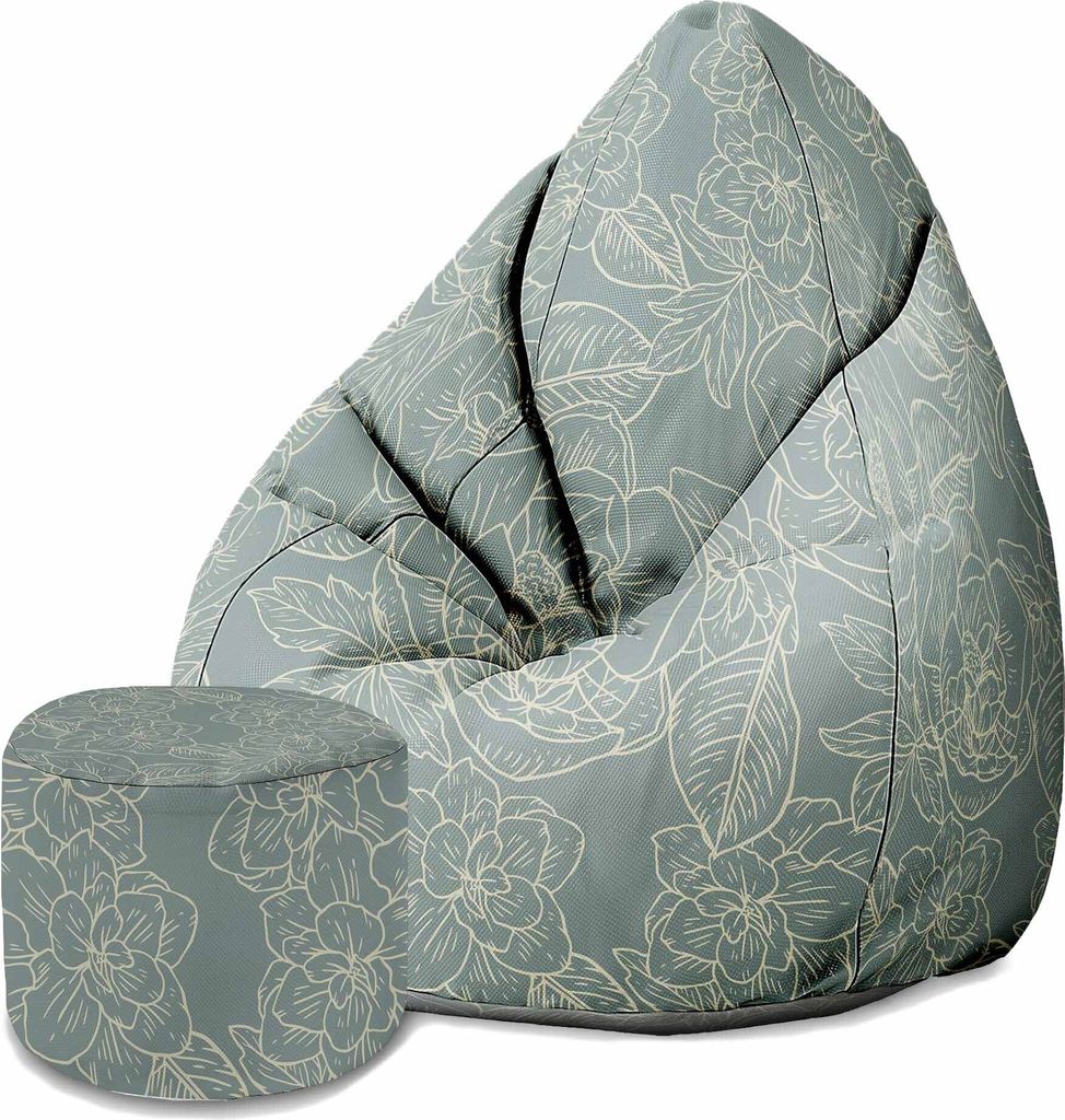 Dreamroots Bean Bag 80x80x120cm Sitzsack mit Lehne und Hocker und Bezug Sitzkissen Boden Sack Sitzsack mit Füllung mit Floral Elegant Leaves