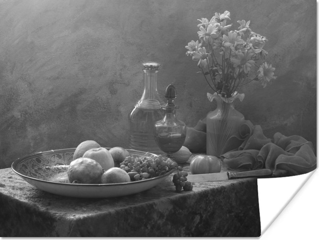 MuchoWow Poster Stilleben mit Obst und Blumen - schwarz und weiß 120x90 cm - Wandbild