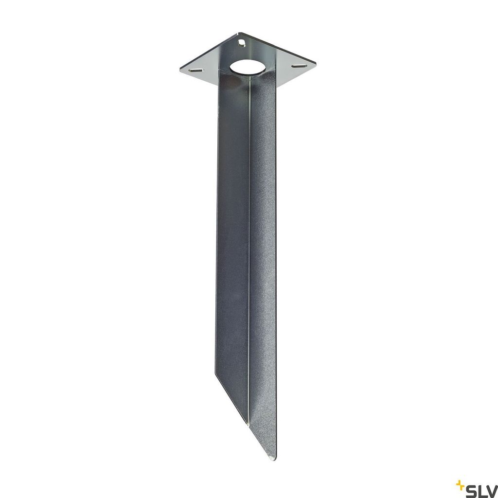 A metal ground spike for outdoor lighting.