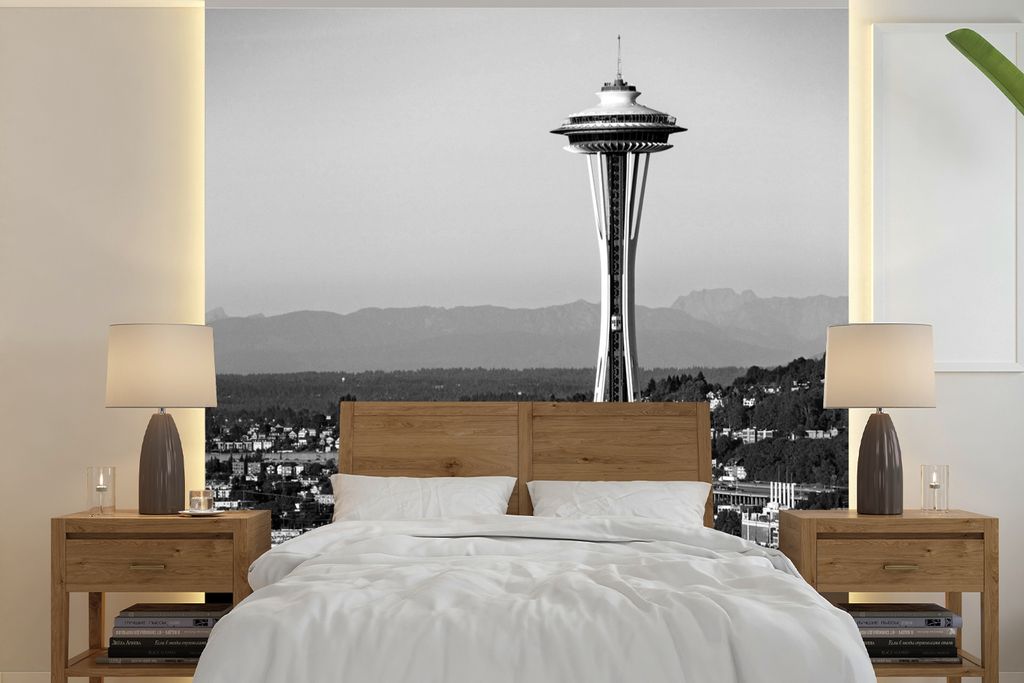 MuchoWow Fototapete für Wohnzimmer oder Schlafzimmer Wandtapete Vinyl Motivtapete Space Needle in Seattle - schwarz und weiß - 220x220 cm - Tap...