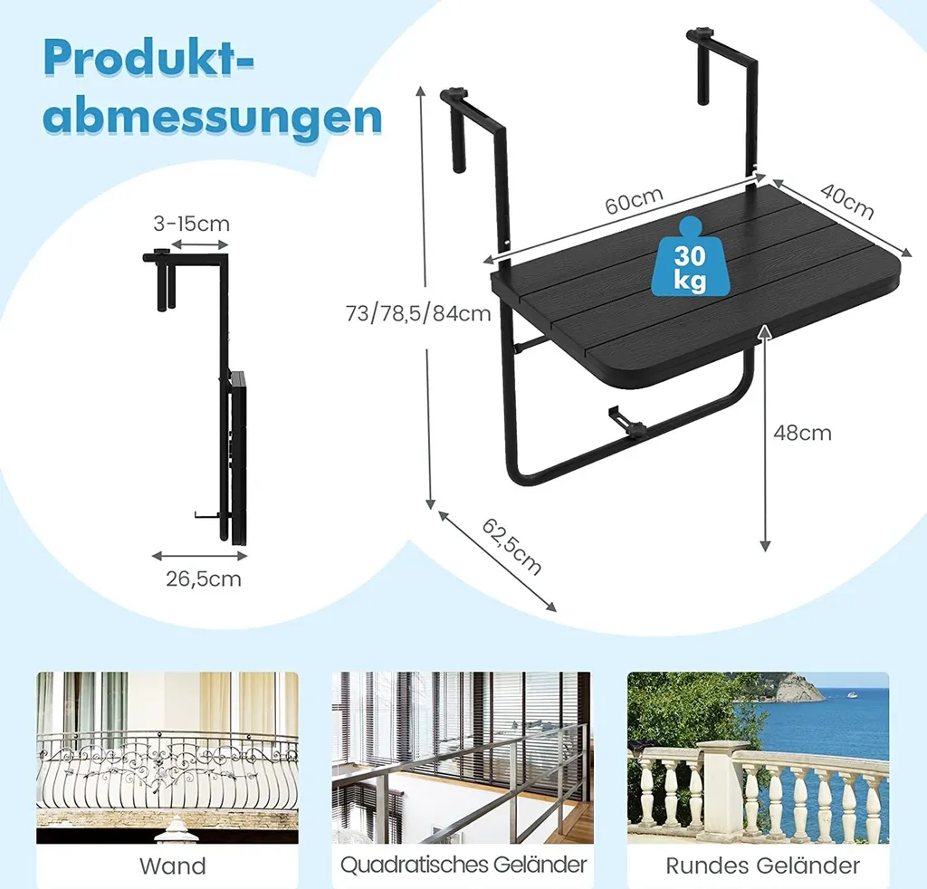 Table pliante de balcon suspendue et réglable en hauteur Anthracite - 6