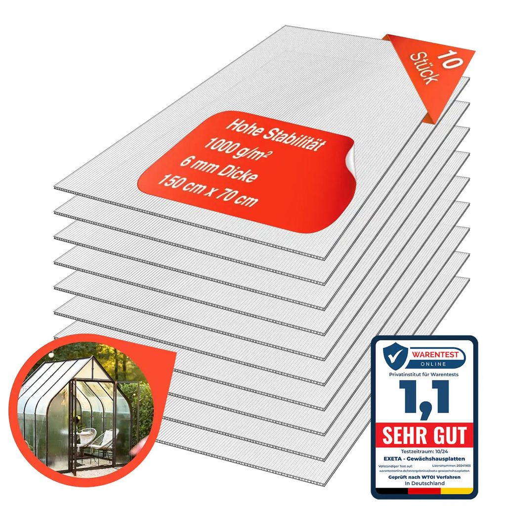 Gewächshausplatten 10 Stück 6mm Doppelsteg Polycarbonat Platten Hohlkammerplatten Stegplatten 1000g/qm 70 x 150 cm Plexiglas UV-Beständig