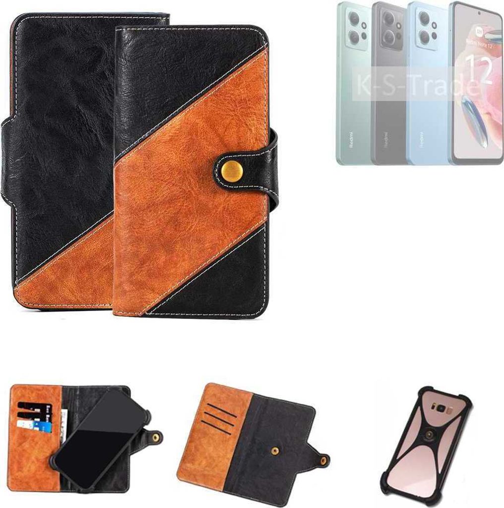 K-S-Trade Handyhülle Schutzhülle Bookstyle Case Wallet-Case kompatibel mit Xiaomi Redmi Note 12 4G Handy Cover Bumper Klapphülle schwarz hellbraun
