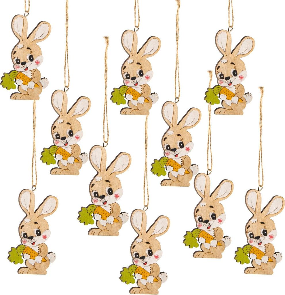 Logbuch-Verlag 10 Holzhasen Osteranhänger Natur bunt - Osterdeko natürlich kleines Geschenk Deko Ostern Osternest Osterhase Hase