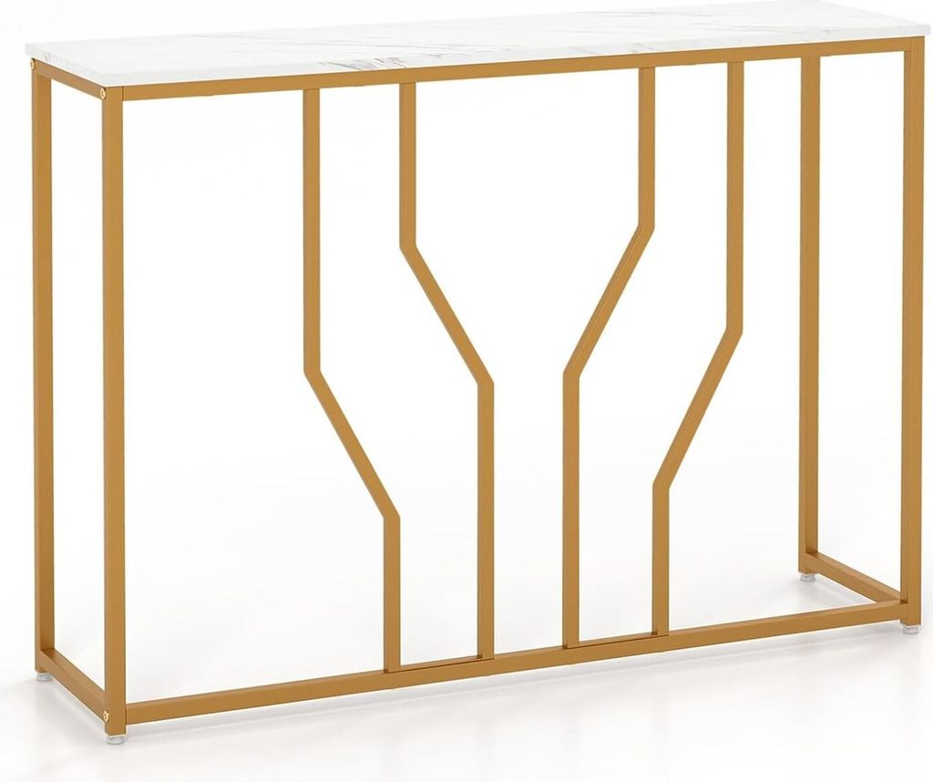 110 cm Konsolentisch, Eingangstisch mit Tischplatte aus Kunstmarmor & Metallrahmen, schmaler Flurtisch mit Kippschutzvorrichtung & verstellbare Fü...