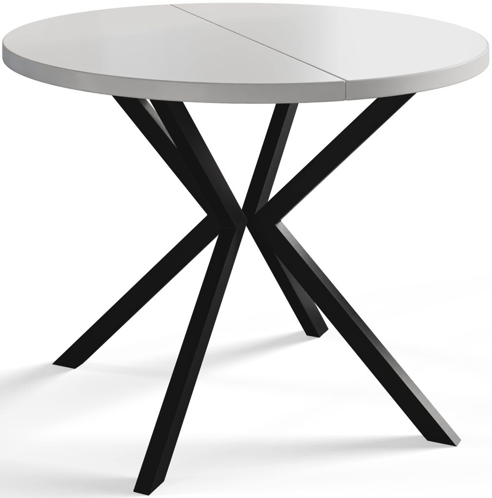 Alpi Moebel, Runder Esstisch Loft Liten, Modern Ausziehbarer Tisch 120-200 cm, Weiß mit Schwarz Metallbeinen