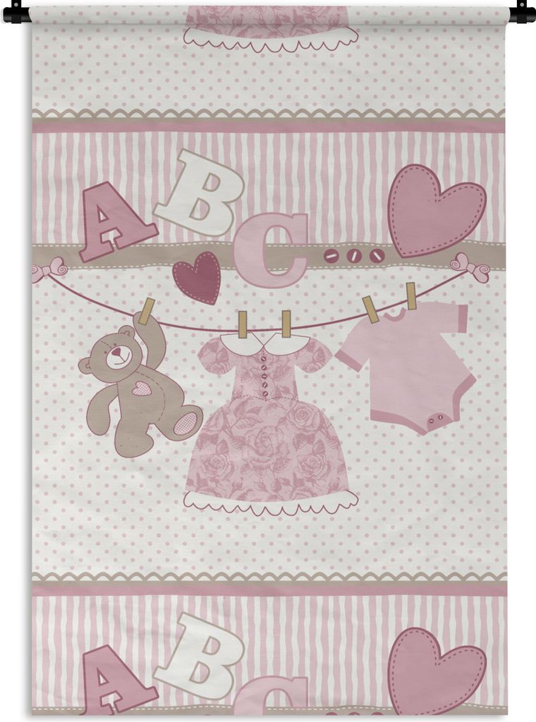 MuchoWow Wandteppich Wandbehang Babykleidung - Mädchen - Teddybär - Wäscheleine - Design 90x135 cm Tapisserie Dekoration Wandtuch - Baumwolle ...