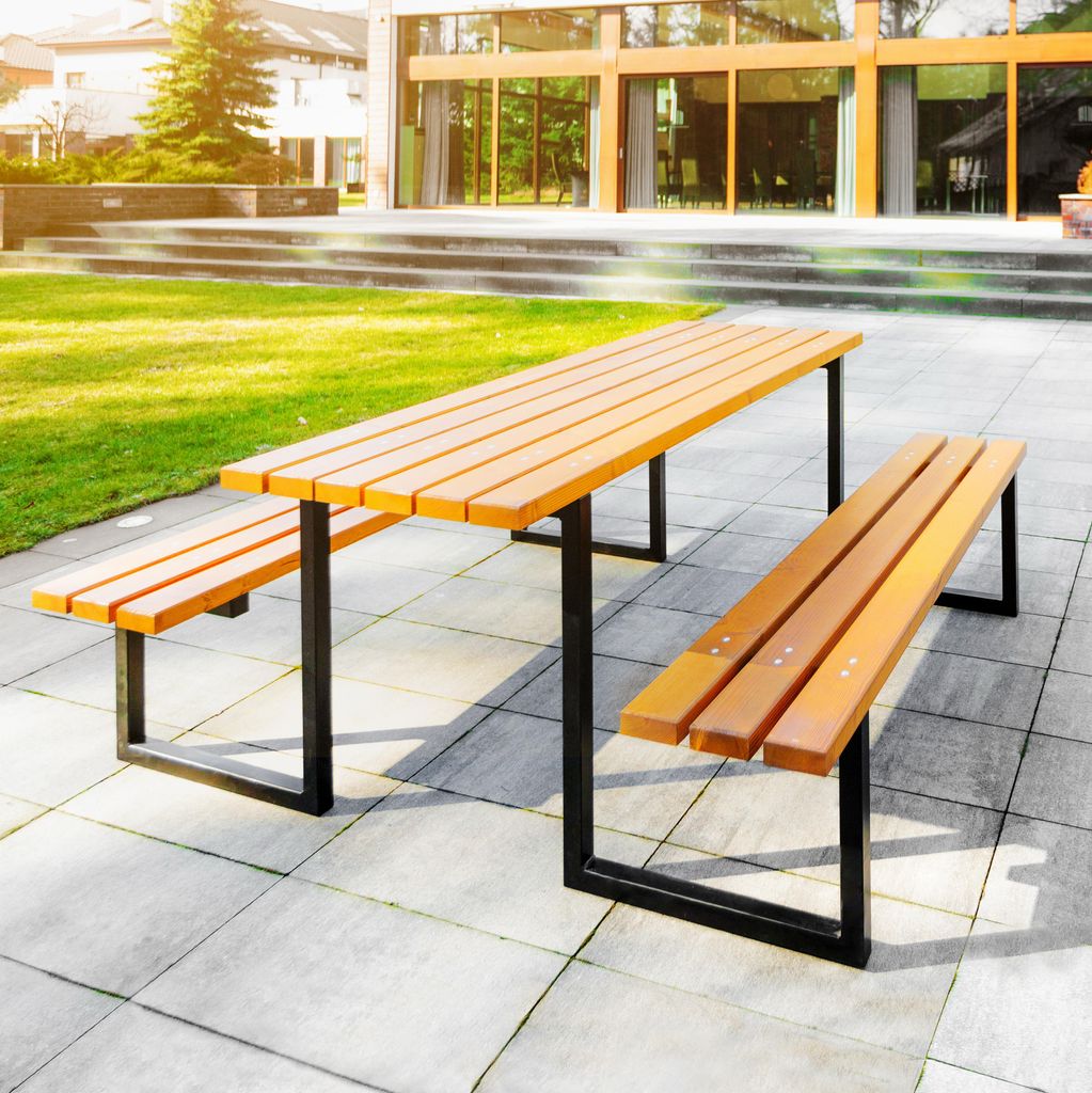 REKORD Atlas Teak Massiver Picknicktisch Parktisch Sitzgruppe Holz Stahl 170x169x75cm Stabiler Gartentisch Bänke 6-8 Personen Wetterfest
