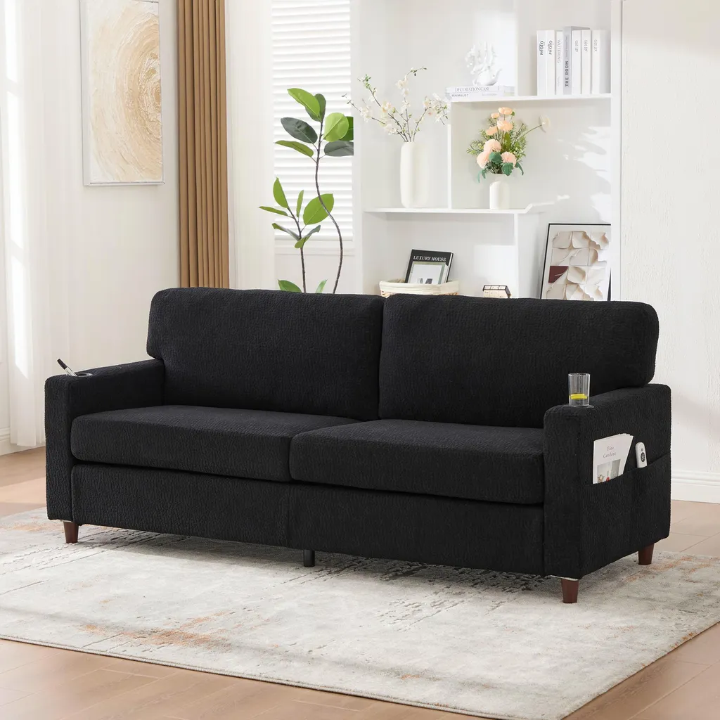 Canapé double capitonné noir avec LED et porte-gobelets LVHOM