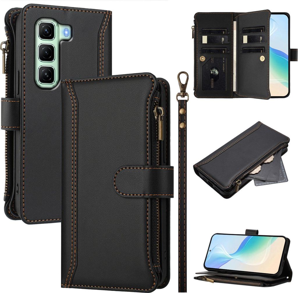 Handyhülle für Infinix Hot 50 5G Reißverschluss Geldbörse Kunstleder Klapphülle mit Kartensteckplatz, Ständer, Handschlaufe Schwarz
