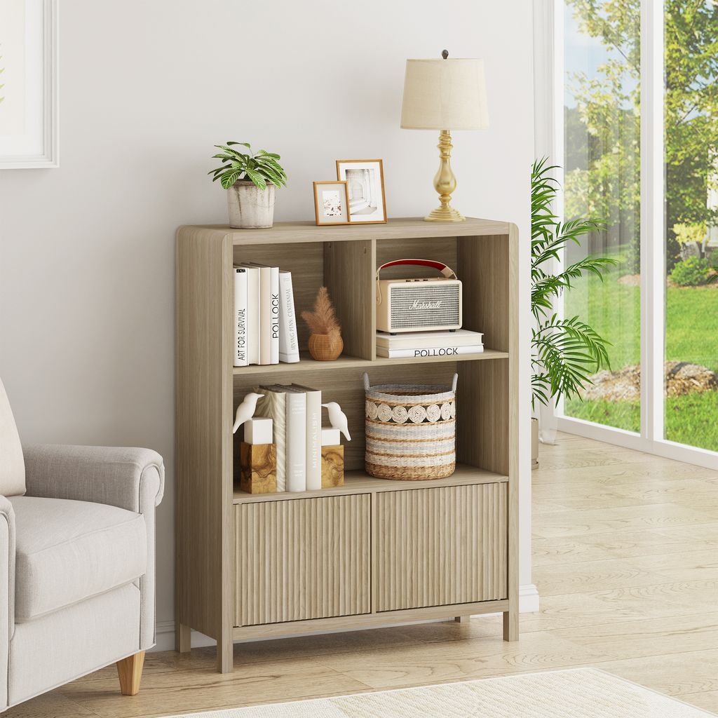 Highboard 'Lukkodso' Kommode 103 x 80 x 28 cm Sideboard mit 2 Türen und 5 Fächern Eicheoptik
